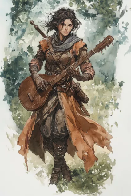 cbowofrivia_A_female_earth_genasi_bard_casting_a_spell_in_a_woo_a51af06a-37de-4624-b077-a8270b61dd0b