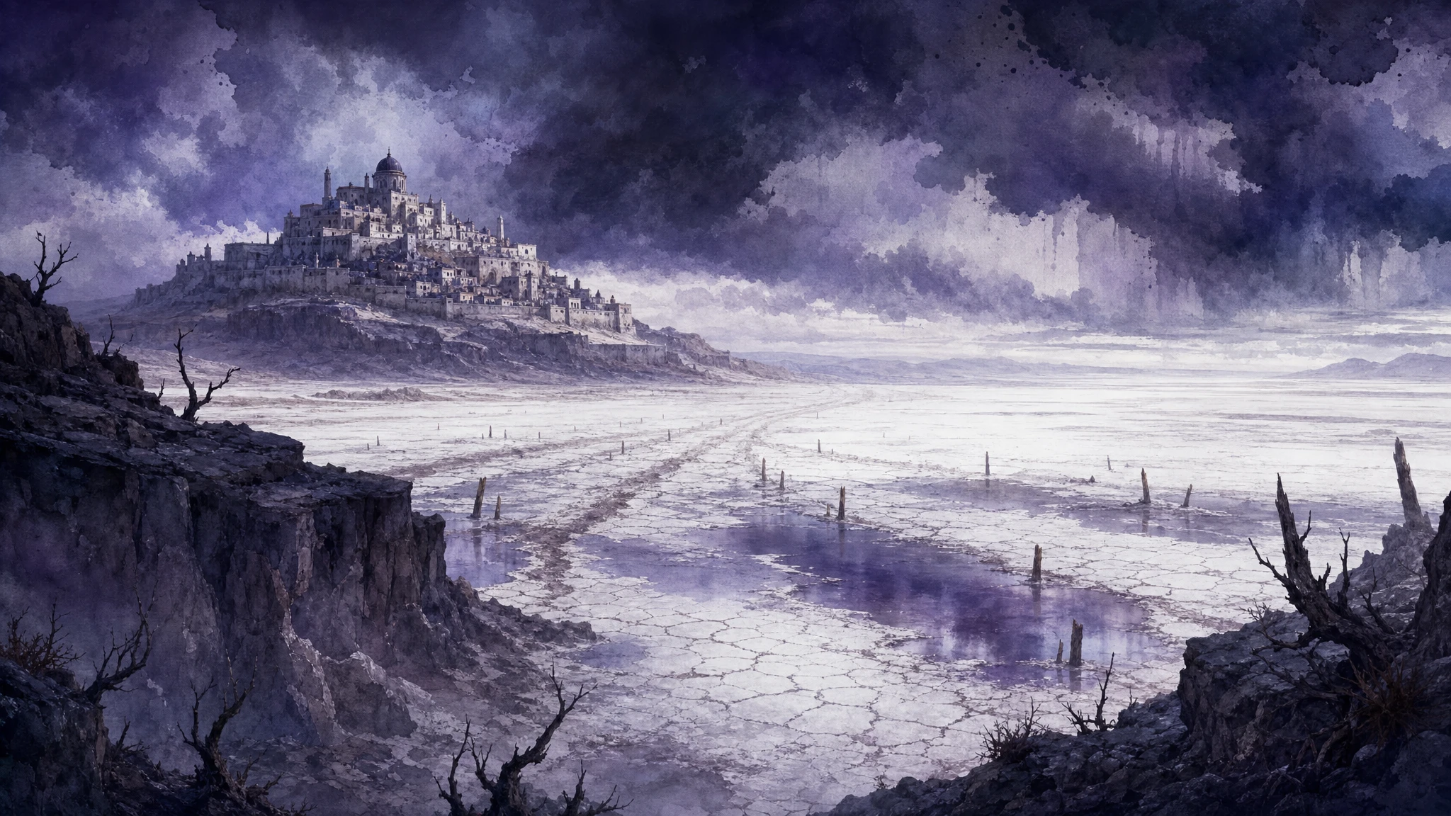 An image of the town of Bruckhollow, looking over the salt flats