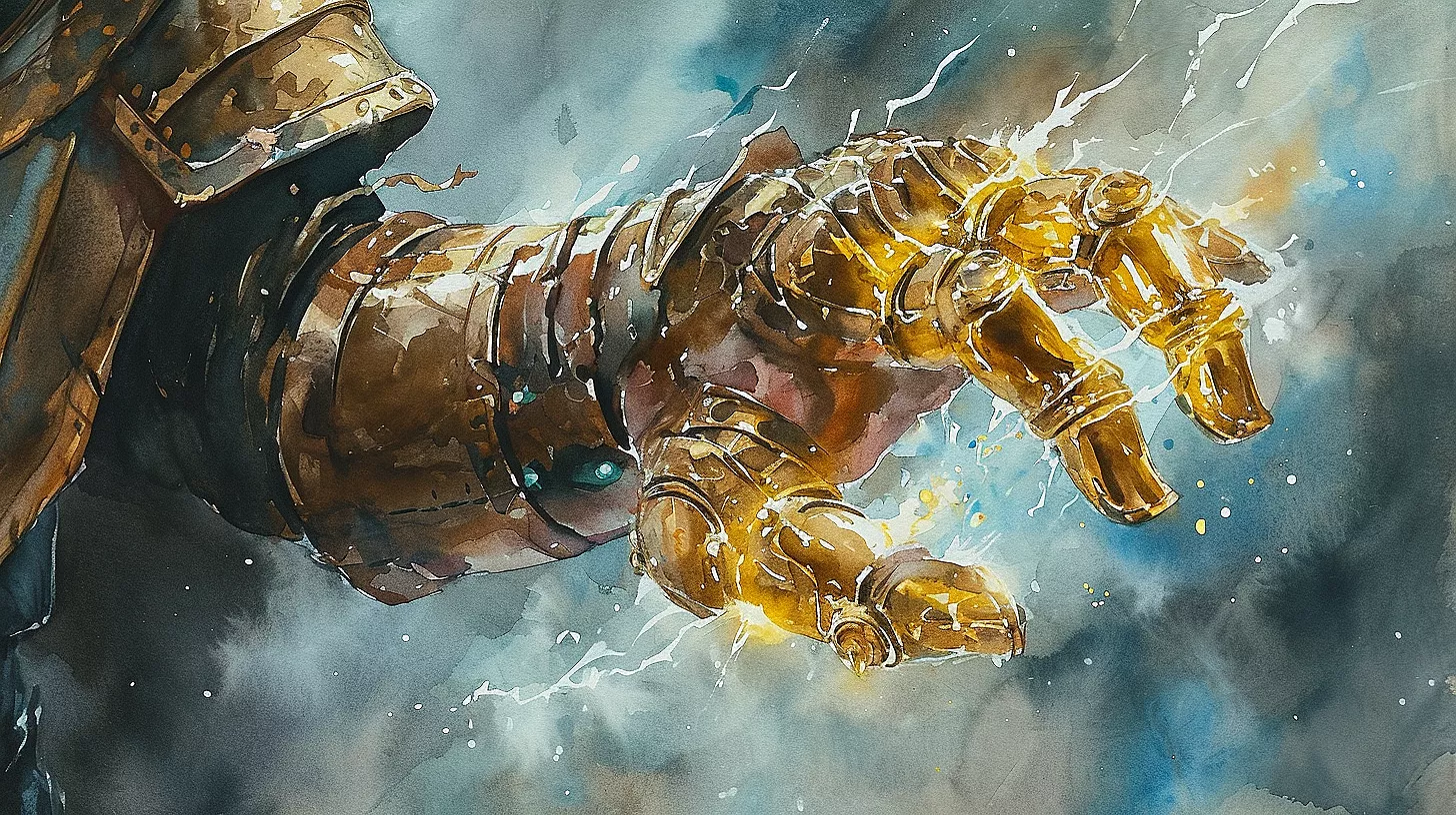 A golden gauntlet surrounded by cracking lightning