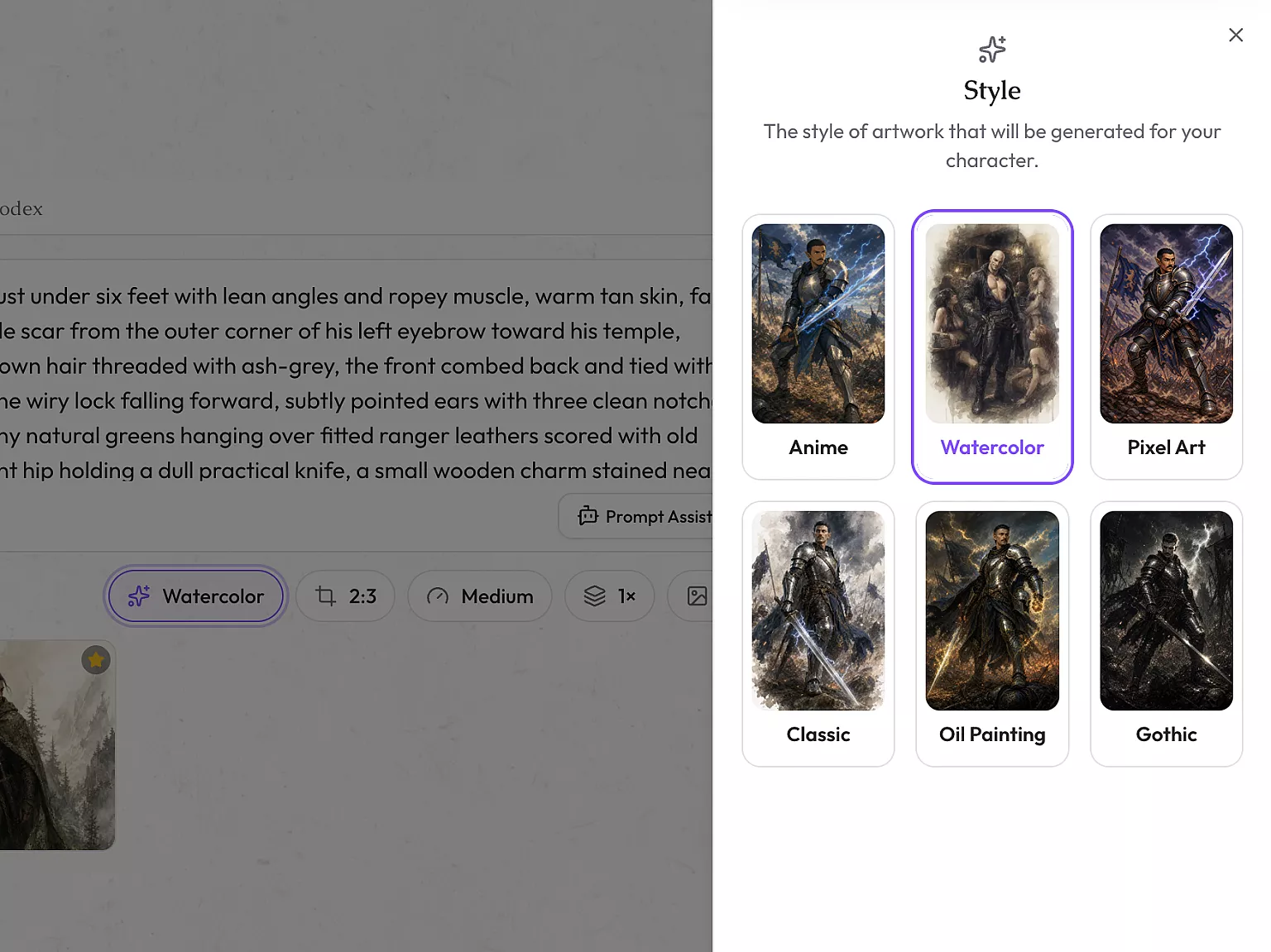 The style picker open, showing the six art styles