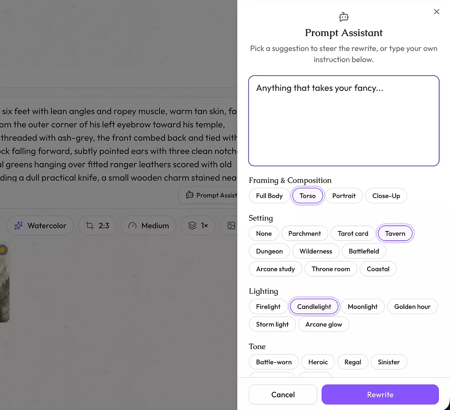 The Prompt Assistant open with suggestion pills