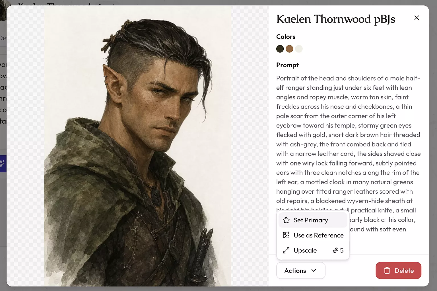 The Actions menu open on a generated portrait
