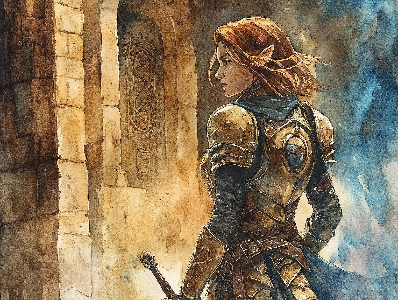 A female paladin wearing gold gilded armor with blue padding stands tall in an ancient temple, her trusty sword swinging at her side
