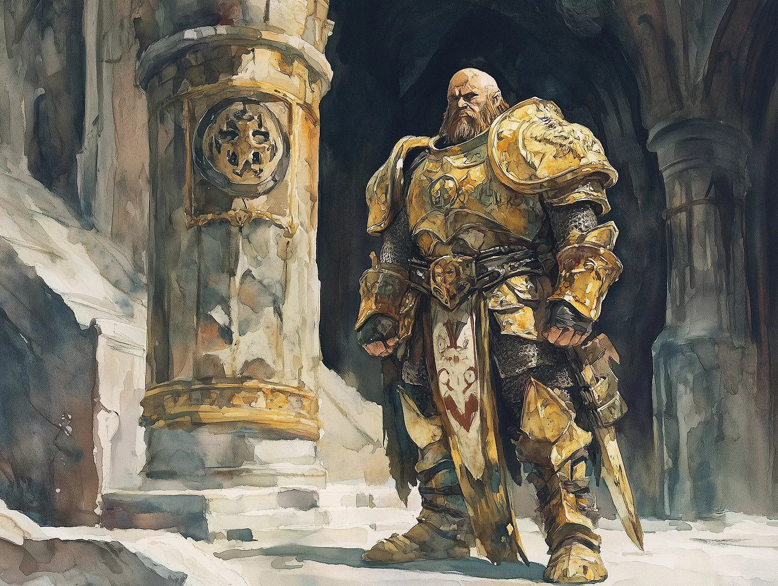 A powerful dwarven paladin stands amidst columns of stone in his armor