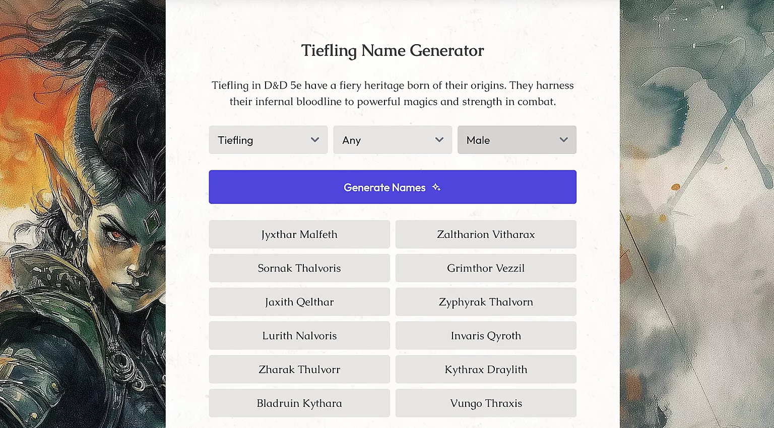 A screenshot of the DndPlaybook name generator for Tieflings