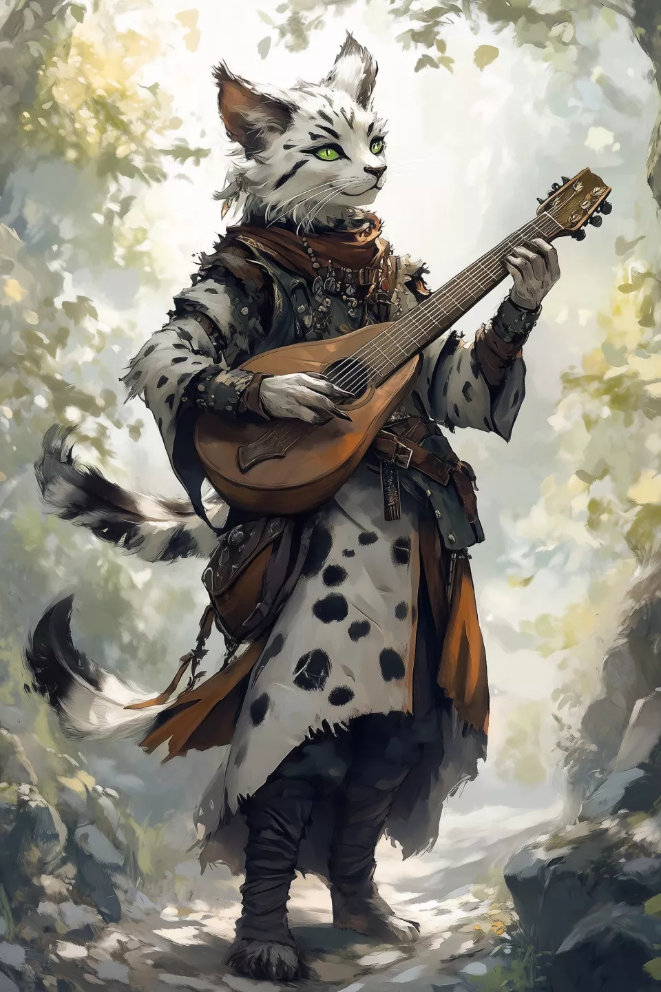 cbowofrivia_A_female_tabaxi_bard_stands_on_a_sunlit_forest_path_95e3fc89-eca6-4775-8503-7361d0b7fb71
