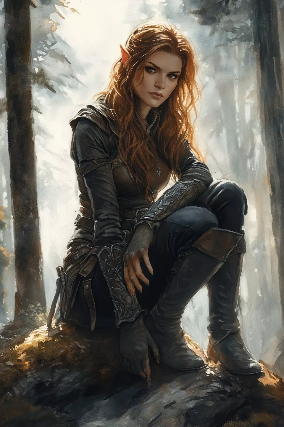 cbowofrivia_A_female_half-elf_rogue_crouches_atop_a_moss-laden__0c809114-4a5a-4a4b-aa69-54d47350d920