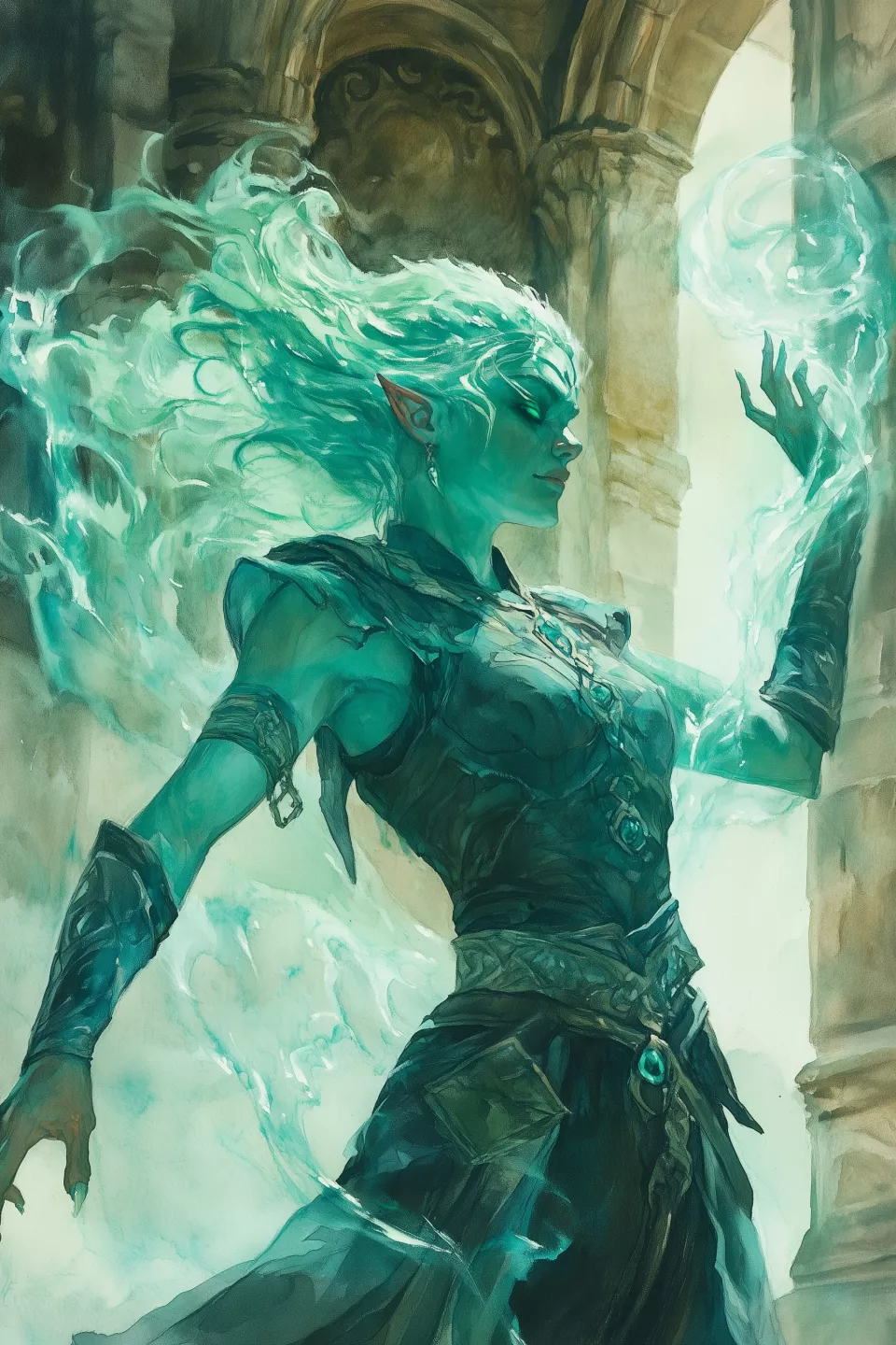 cbowofrivia_A_female_sea-elf_sorcerer_casts_a_spell_in_a_temple_4198d545-2e65-4371-a436-ee635077527b